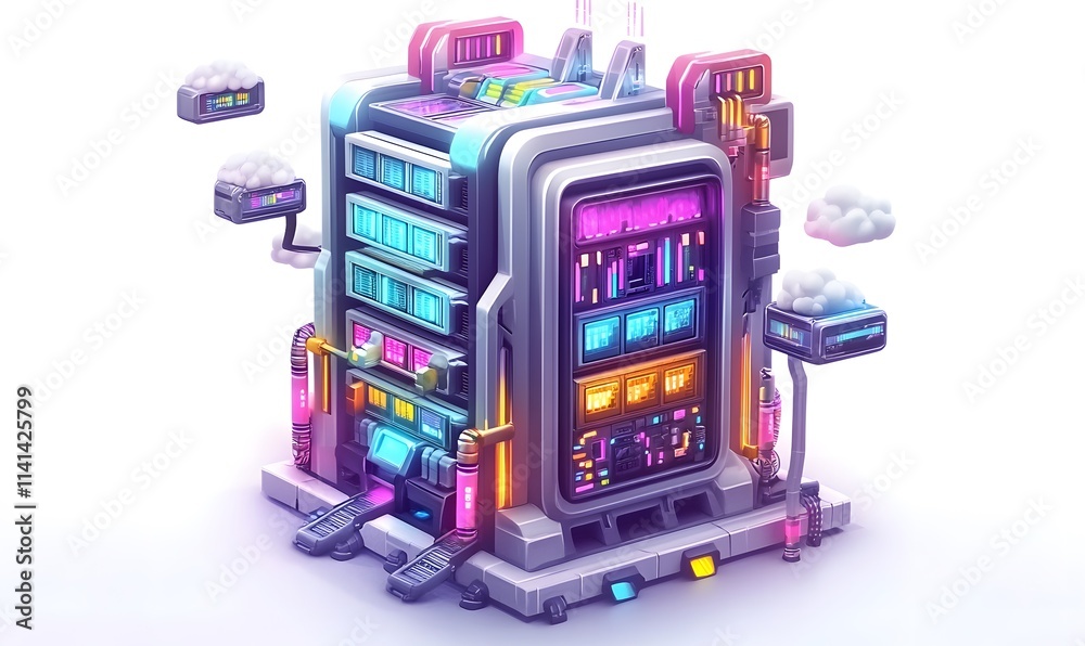 Stylized server with vibrant neon glow and surrounding clouds. Stylized server with vibrant neon glow and surrounding clouds.