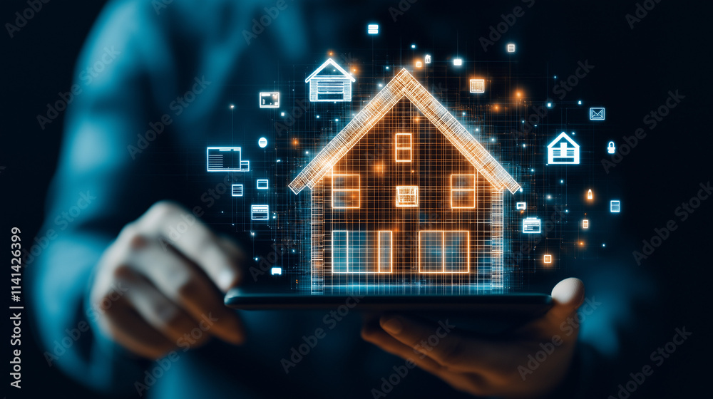 Smart Home Innovation: A person's hands cradle a tablet displaying a holographic smart home model, symbolizing technological advancements in home automation and design. Smart Home Innovation: A person's hands cradle a tablet displaying a holographic smart home model, symbolizing technological advancements in home automation and design.