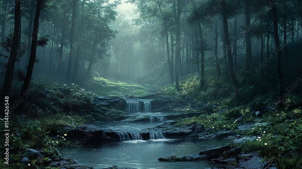 Obraz premium Enchanted Forest Waterfall: A Serene Nature Escape