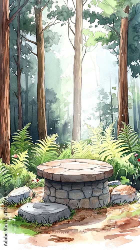A stone table and bench stand in the middle of a forest clearing. A stone table and bench stand in the middle of a forest clearing.