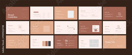 Brand identity framework template. Innovative brand standards layout. Logo and branding strategy guide. Brand presentation manual.