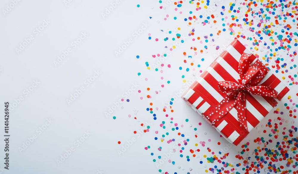 Red gift box with confetti on white background. Red gift box with confetti on white background.