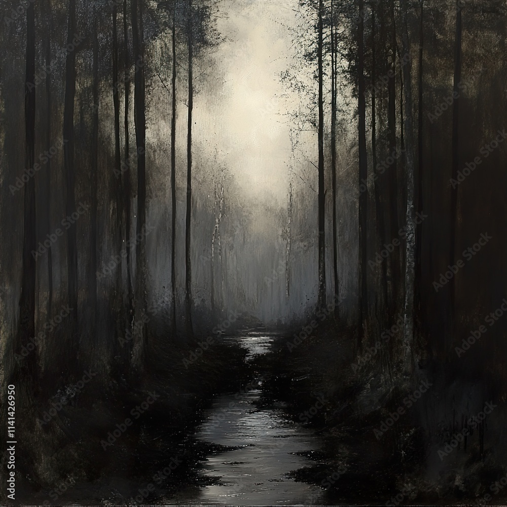 Naklejka premium Dark Forest River: A Serene Landscape Painting