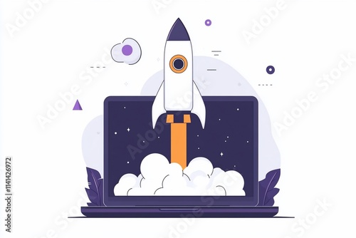 Rocket launching from laptop screen, symbolizing startup.