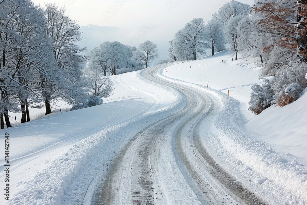 A winding road through snow-covered trees, the road is edged with snow banks. AI generative. A winding road through snow-covered trees, the road is edged with snow banks. AI generative.