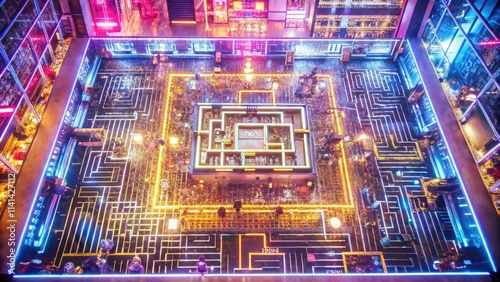 Neon Illuminated Maze in a Modern Building