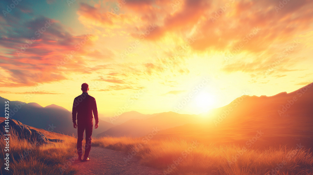 Man Walking into the Sunset: A lone figure walks towards a vibrant sunset over majestic mountains, symbolizing hope, journey, and new beginnings. Man Walking into the Sunset: A lone figure walks towards a vibrant sunset over majestic mountains, symbolizing hope, journey, and new beginnings.