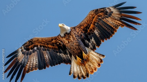 Bald eagle with brown and black feathers in flight against blue sky. AI generative. photo