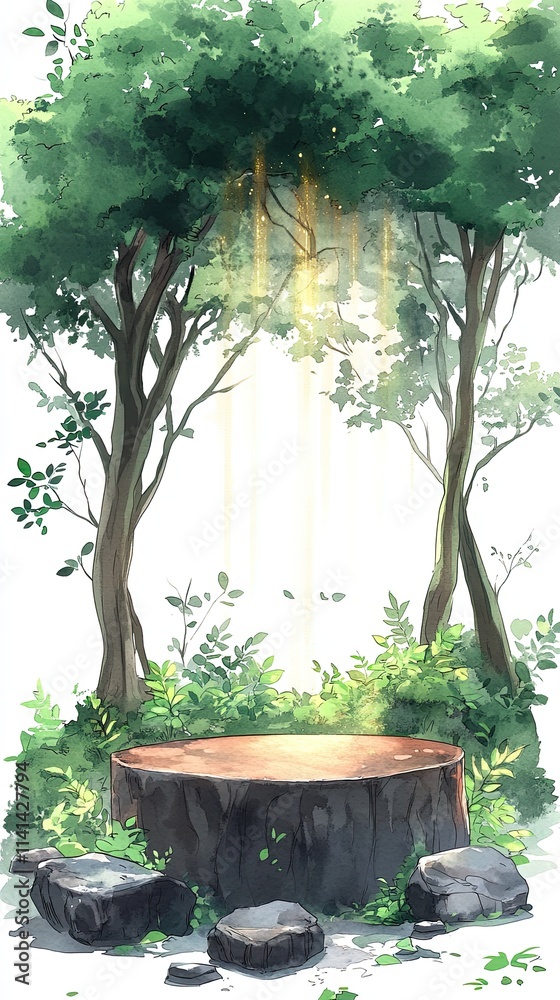 A tree stump sits in a clearing of a forest with sunlight peeking through the canopy. A tree stump sits in a clearing of a forest with sunlight peeking through the canopy.