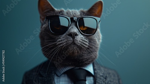 A grey cat wearing sunglasses and a suit. AI generative. photo