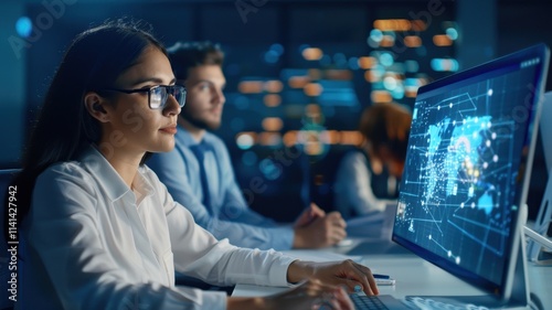 A focused woman works on a computer displaying digital data analytics in a modern office setting, emphasizing technology and teamwork.