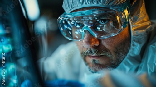 Close up of a man's face wearing protective glasses and a blue surgical cap. AI generative.