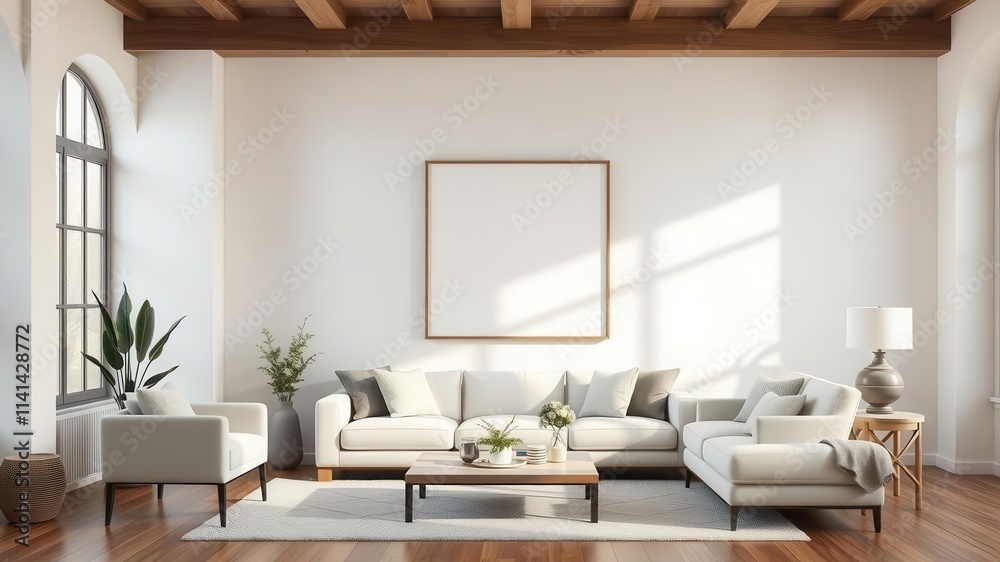 Fototapeta premium A cozy and spacious living room featuring a mockup of wall art with modern design, creating a welcoming atmosphere, interior design, furniture