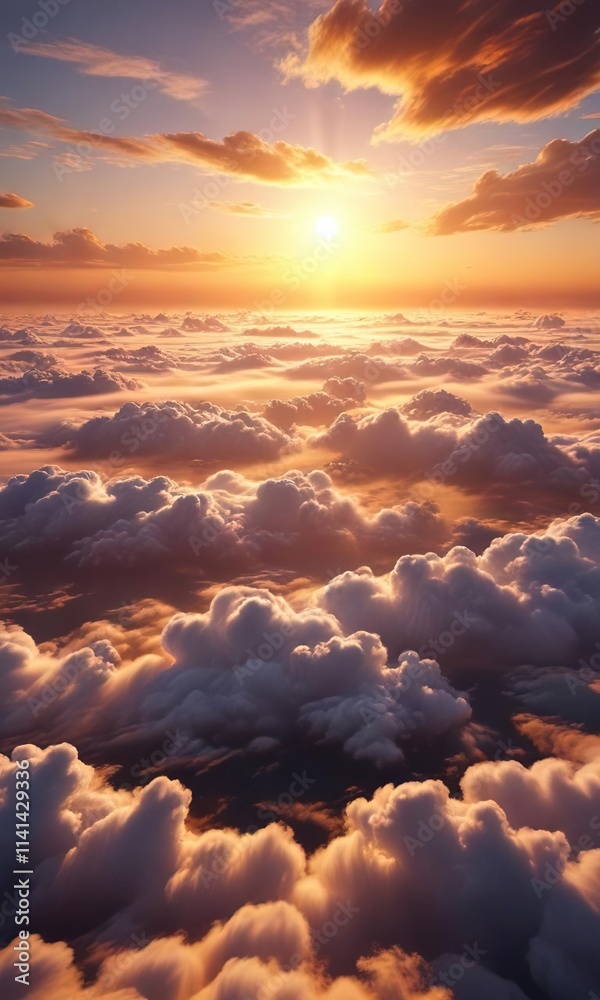 Warm golden tones of sunset reflected on the surface of above soft clouds, soft clouds, sun's rays , sky Warm golden tones of sunset reflected on the surface of above soft clouds, soft clouds, sun's rays , sky
