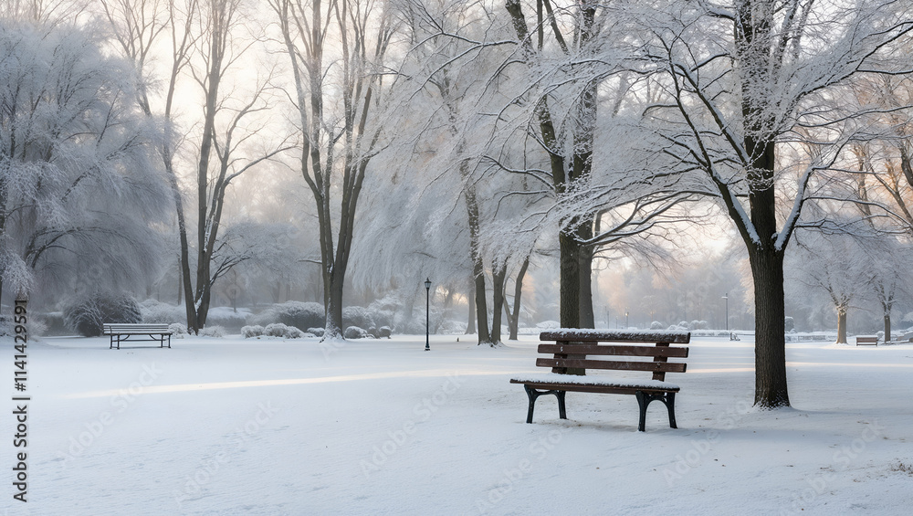 Snow-covered park bench in a serene winter landscape with trees and distant benches under a gentle light Snow-covered park bench in a serene winter landscape with trees and distant benches under a gentle light