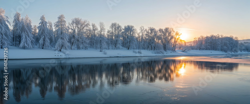 Winter sunset over a tranquil river reflecting snowy trees in a serene landscape