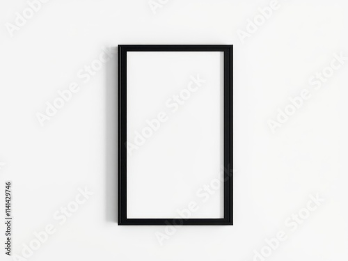 A minimalist and modern office wall art mockup featuring a black frame with abstract geometric shapes against a white background, wall art, abstract