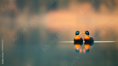 Two colorful ducks gracefully swimming together on a tranquil lake, reflecting their vibrant hues. photo