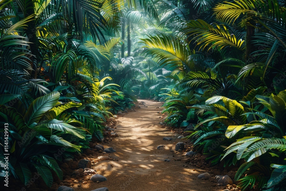 A dirt path through a lush, green jungle with sunbeams filtering through the leaves. AI generative. A dirt path through a lush, green jungle with sunbeams filtering through the leaves. AI generative.