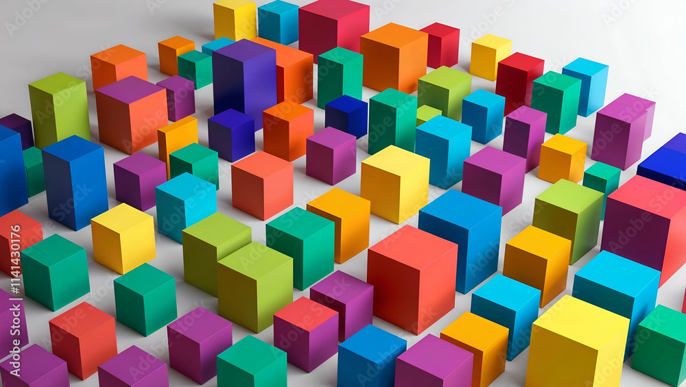 Obraz premium Colorful arrangement of geometric blocks on a white surface in a playful display of shapes and hues
