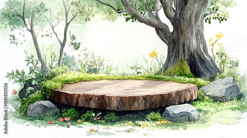 A watercolor painting of a wooden platform in a forest setting with a tree, rocks, and moss.