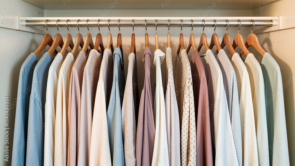Organized closet featuring neatly hung shirts in various colors and patterns with wooden hangers Organized closet featuring neatly hung shirts in various colors and patterns with wooden hangers
