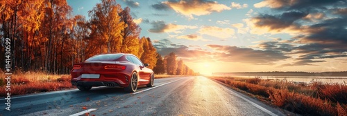 Red sports car drives on a winding road through autumn foliage with a bright sunset in the background. AI generative.