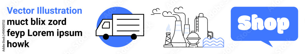 Blue and black vector showing a delivery truck, industrial factory elements, and a speech bubble with the word Shop. Ideal for e-commerce, logistics, manufacturing, industrial operations, digital Blue and black vector showing a delivery truck, industrial factory elements, and a speech bubble with the word Shop. Ideal for e-commerce, logistics, manufacturing, industrial operations, digital