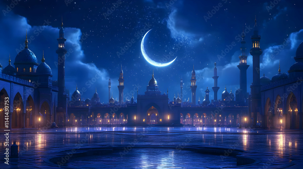 Fototapeta premium Nighttime Mosque Cityscape Under Crescent Moon