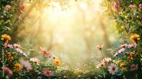 Delicate pink and yellow flowers bloom in a sunlit meadow with a soft bokeh background. AI generative.