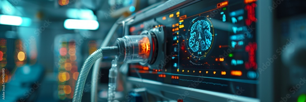 Close-up of a medical machine screen showing a brain scan with colorful lights and wires. AI generative. Close-up of a medical machine screen showing a brain scan with colorful lights and wires. AI generative.