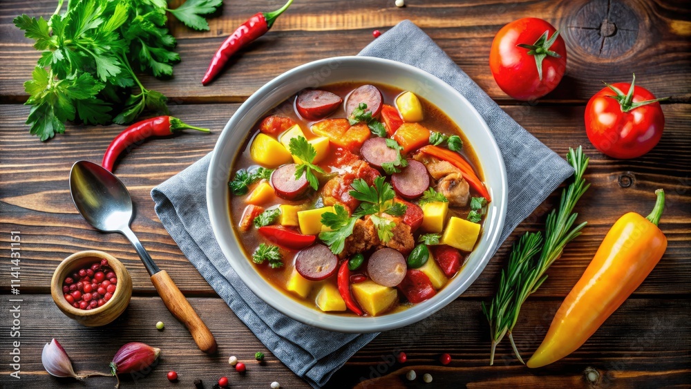 Finnish Sausage Soup with Vegetables - Top View Close Up in White Bowl on Table, Perfect for Food Photography and Recipe Inspiration Finnish Sausage Soup with Vegetables - Top View Close Up in White Bowl on Table, Perfect for Food Photography and Recipe Inspiration