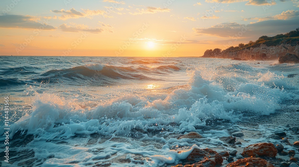 Fototapeta premium Closeup of foamy waves crashing on the shore at sunset. AI generative.