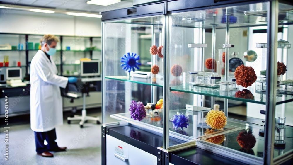 Scientist in Lab with Glass Display Case of 3D Virus Models Scientist in Lab with Glass Display Case of 3D Virus Models