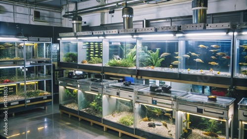 Multiple Fish Tanks with Various Fish Species and Aquatic Plants