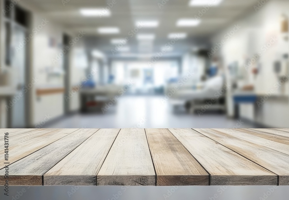 Empty wooden table with blurred hospital hallway background. Empty wooden table with blurred hospital hallway background.