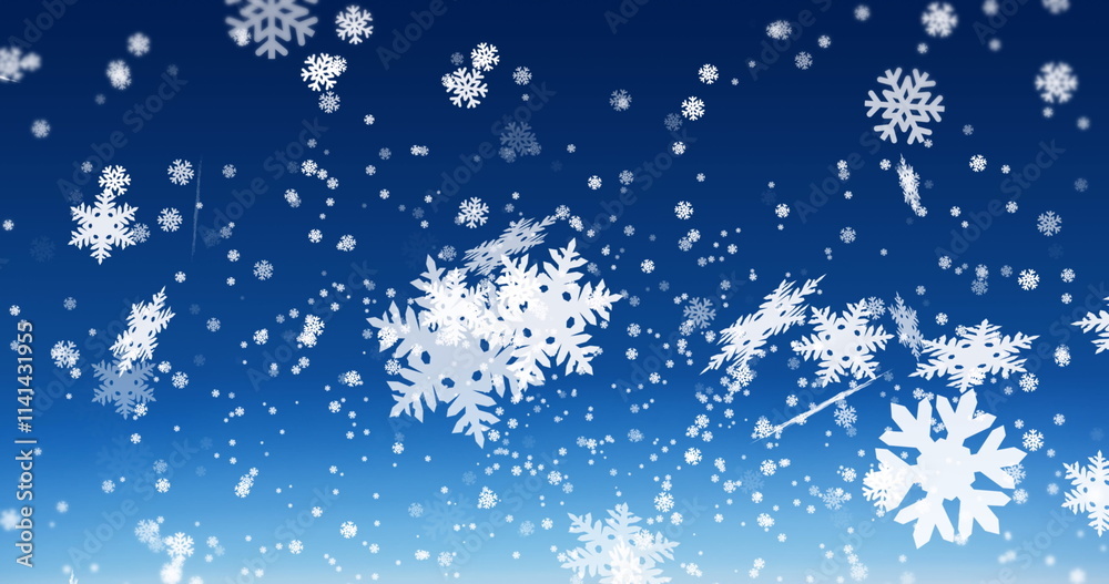 Image of white christmas snowflakes falling on blue background Image of white christmas snowflakes falling on blue background