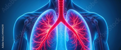 3D illustration of human lungs highlighting bronchial tubes and arteries in vibrant colors.
