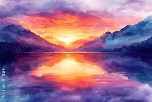 Sunset's Fiery Embrace over Mountain Lake