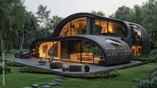 Modern black house with large windows overlooking a lush green lawn and a black car. AI generative.