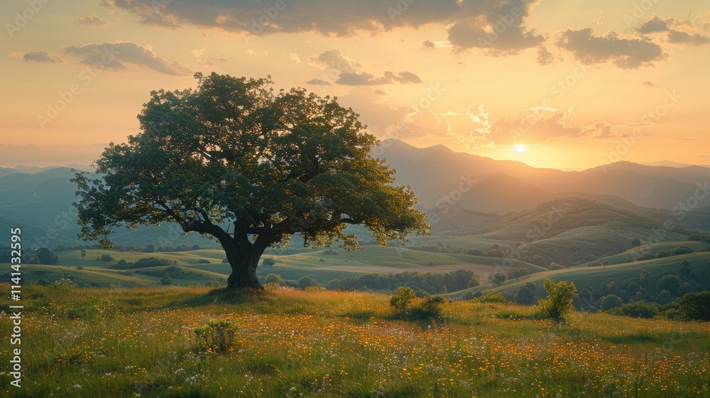 A lone tree stands in a field of wildflowers with rolling hills and a sunset in the background. AI generative. A lone tree stands in a field of wildflowers with rolling hills and a sunset in the background. AI generative.