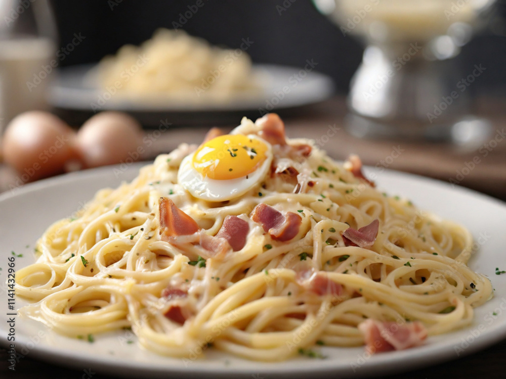 a plate of spaghetti carbonara. The pasta is coated in a creamy sauce with pancetta, eggs, and Parmesan cheese a plate of spaghetti carbonara. The pasta is coated in a creamy sauce with pancetta, eggs, and Parmesan cheese