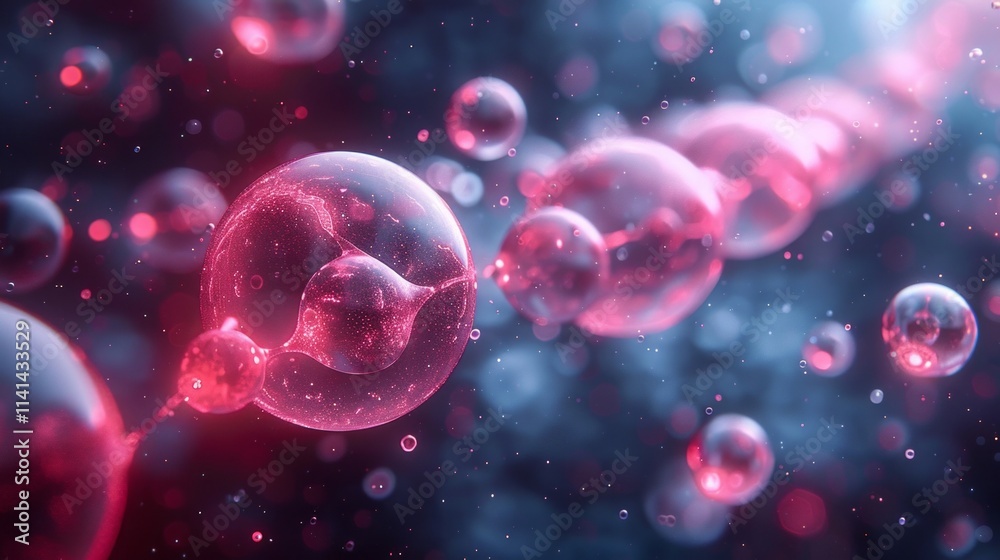 Abstract pink bubbles floating in a blue and purple space with bokeh lights. AI generative. Abstract pink bubbles floating in a blue and purple space with bokeh lights. AI generative.