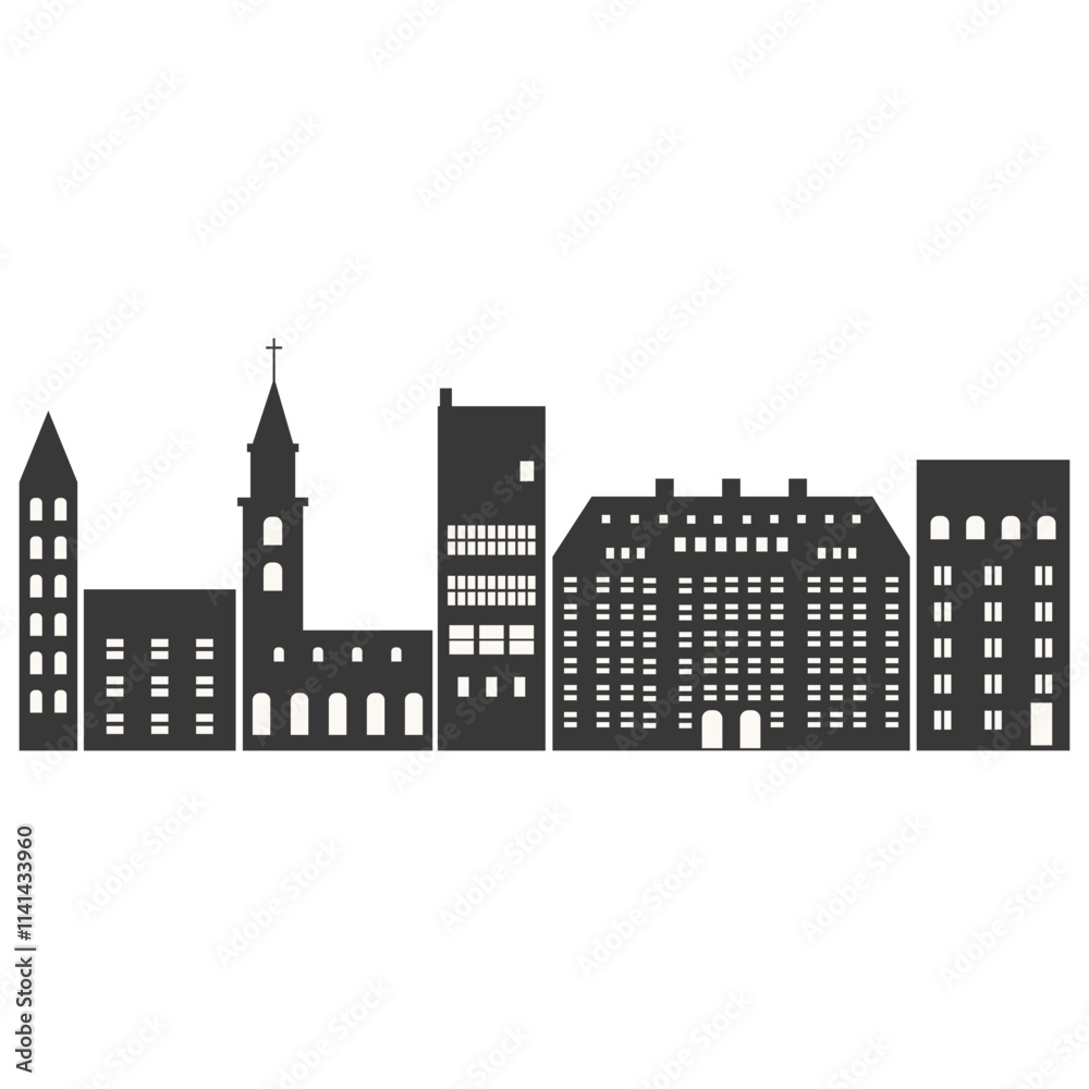 Fototapeta premium City Skyline Silhouette with Simple Building Design. Flat Vector Illustration
