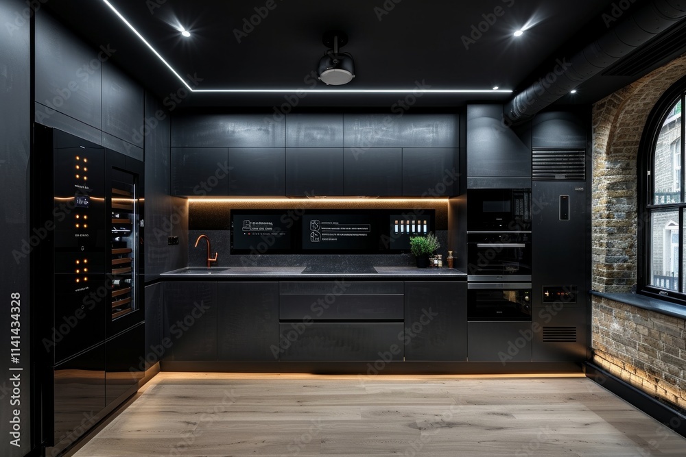 Black kitchen with wood floor, stainless steel appliances, and brick wall. AI generative. Black kitchen with wood floor, stainless steel appliances, and brick wall. AI generative.