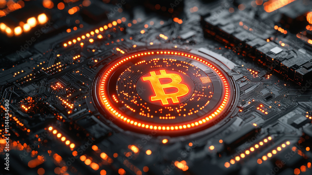 Digital circuit board with glowing Bitcoin symbol and lights Digital circuit board with glowing Bitcoin symbol and lights
