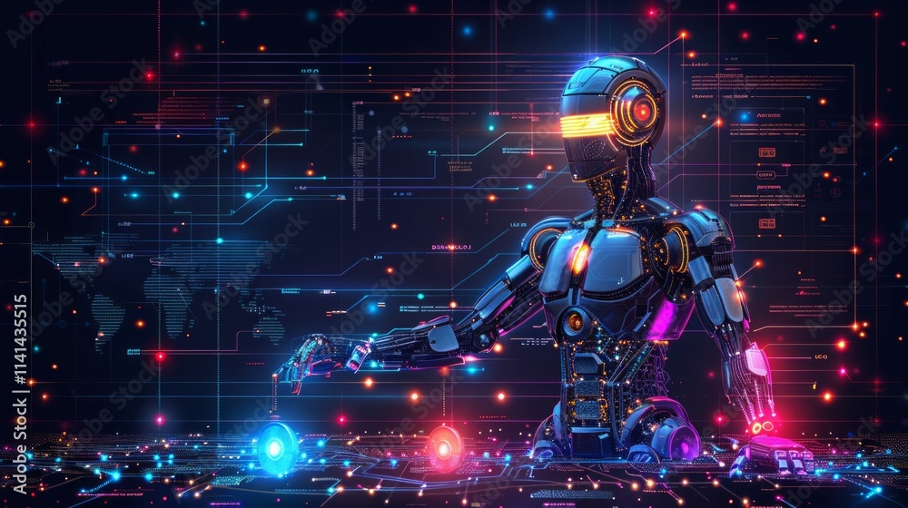 A robotic hand interacting with a digital interface. AI generative. A robotic hand interacting with a digital interface. AI generative.