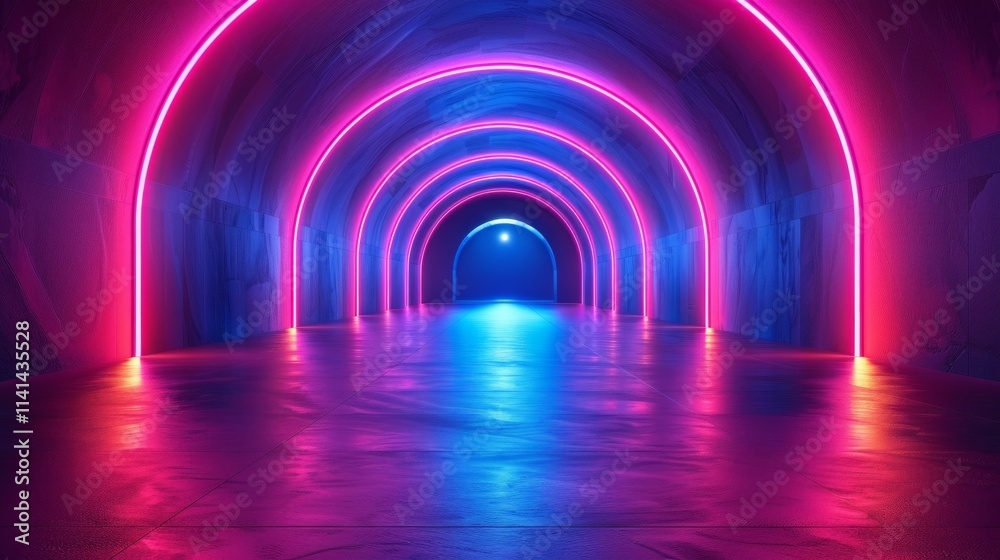 Abstract tunnel with pink and blue neon lights reflecting on the floor. AI generative. Abstract tunnel with pink and blue neon lights reflecting on the floor. AI generative.