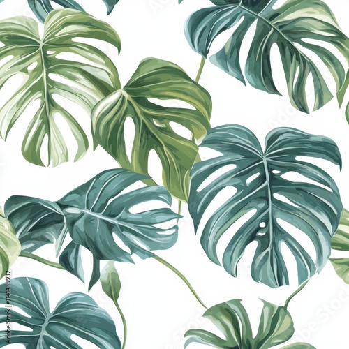 Lush Green Monstera Leaves Seamless Pattern Tropical Foliage Design