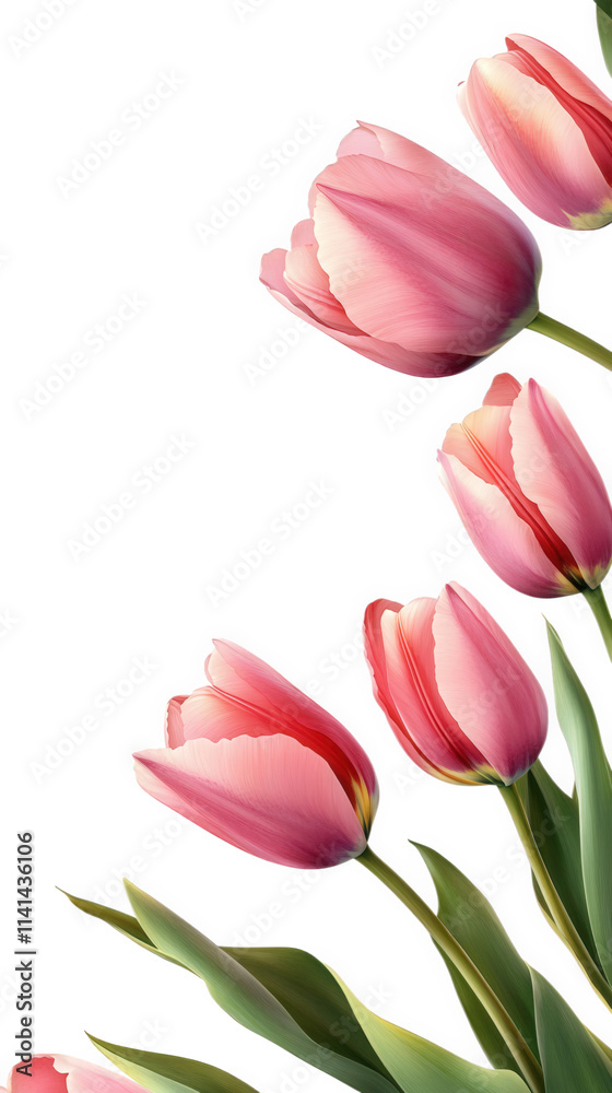 a row of pink tulips with green stems and leaves against a transparent background. arranged in a diagonal line the tulips are in focus. while the background is blurred a row of pink tulips with green stems and leaves against a transparent background. arranged in a diagonal line the tulips are in focus. while the background is blurred